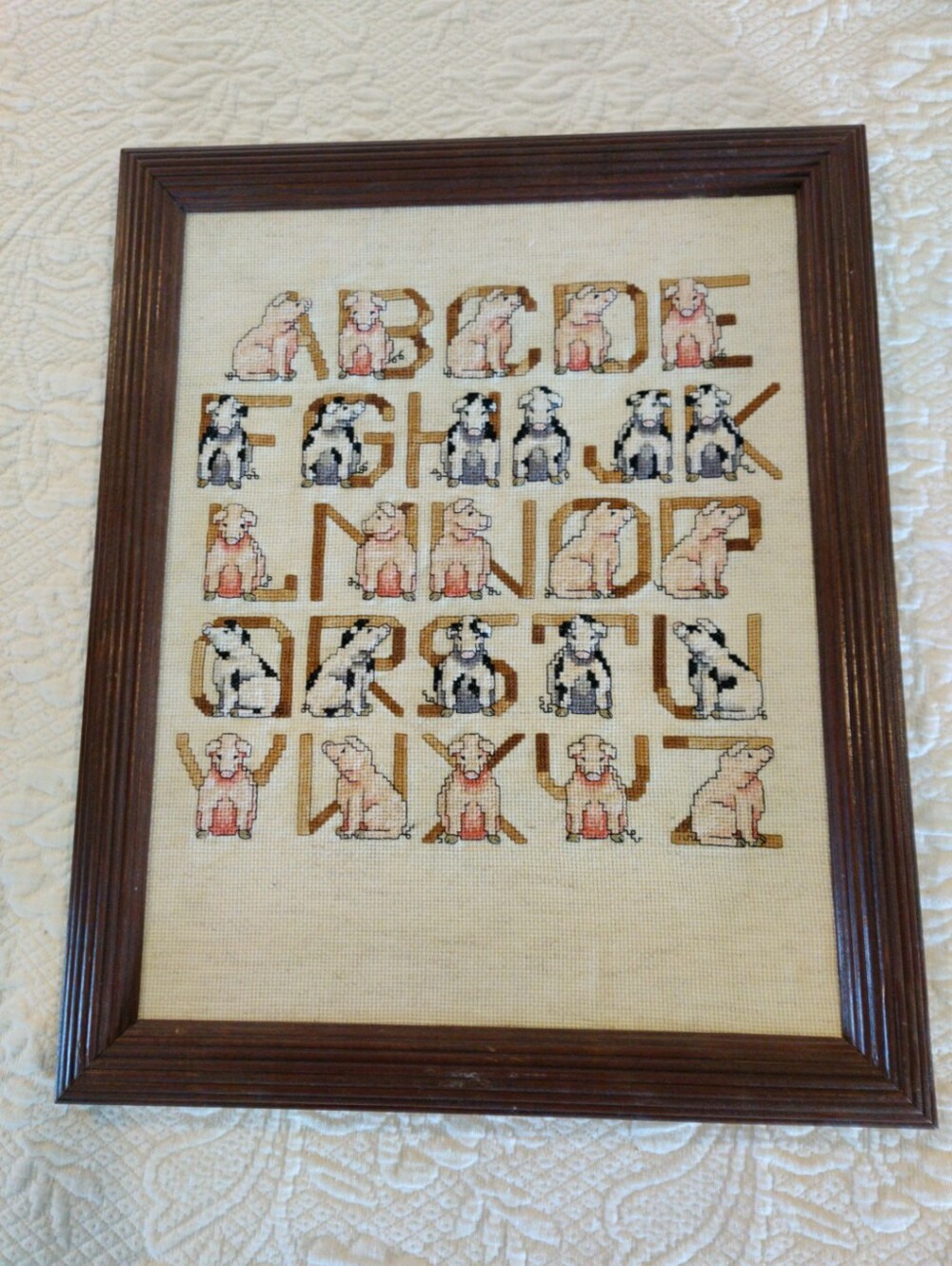 Vintage Handmade Crosstitch Alphabet Of Holstein Cows And Pigs Farm Motif Framed